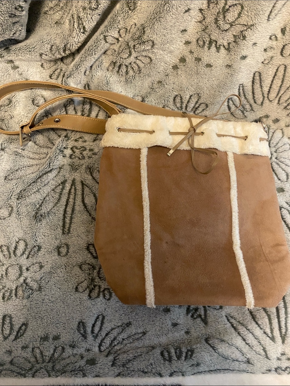 Vaneli Tan Suede Bucket Crossbody with Cream Shearling Trim